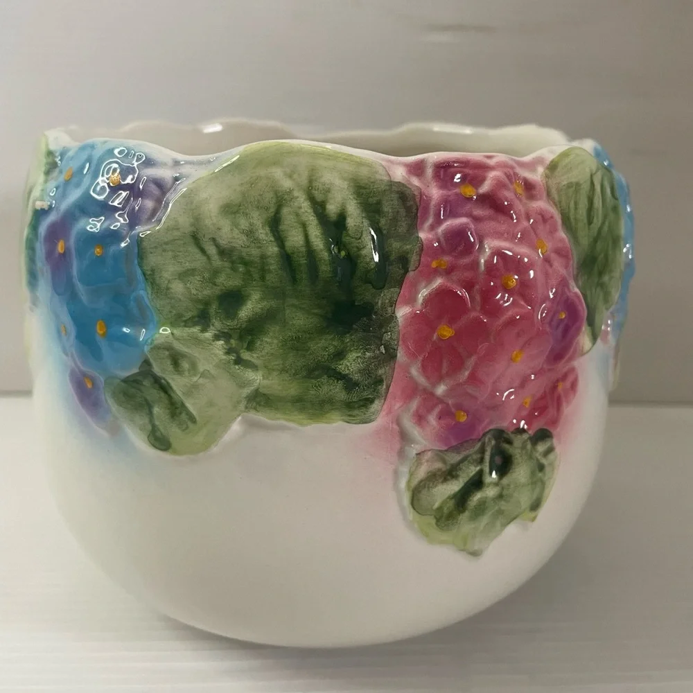 Vintage Pier One Pink Blue Hydrangea Floral Ceramic Planter 5”